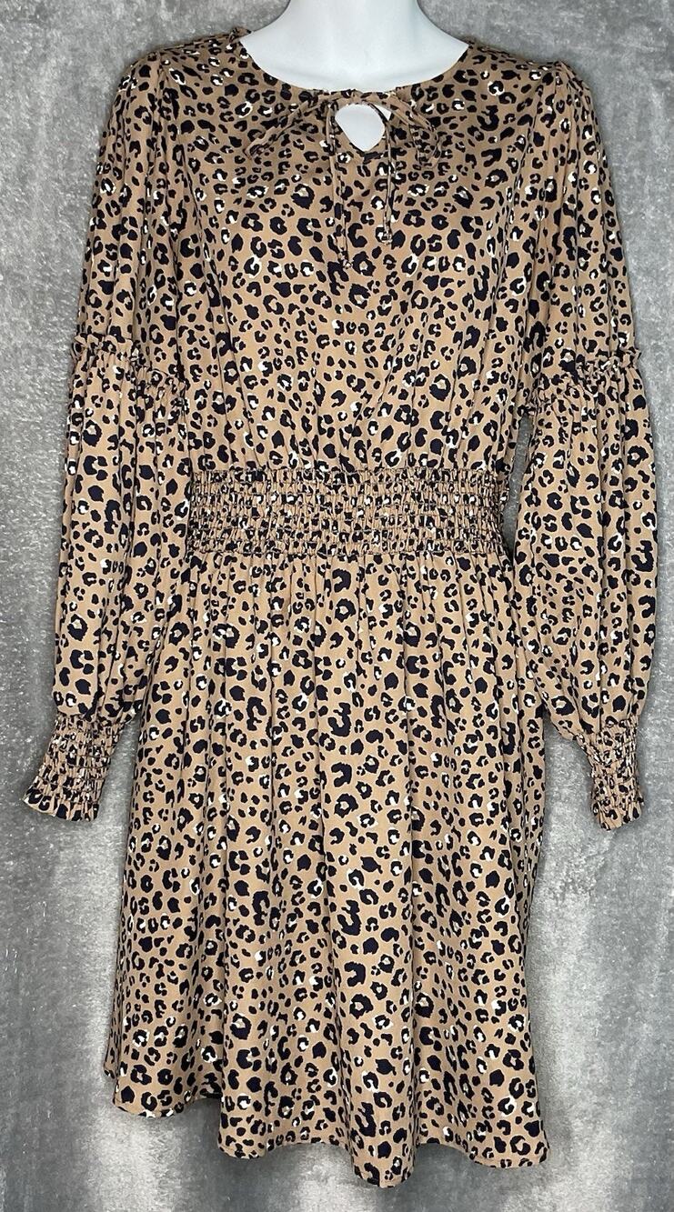 Betsey’s Boutique Shop Leopard Print Womens Small Brown Black Dress Boho Smocked